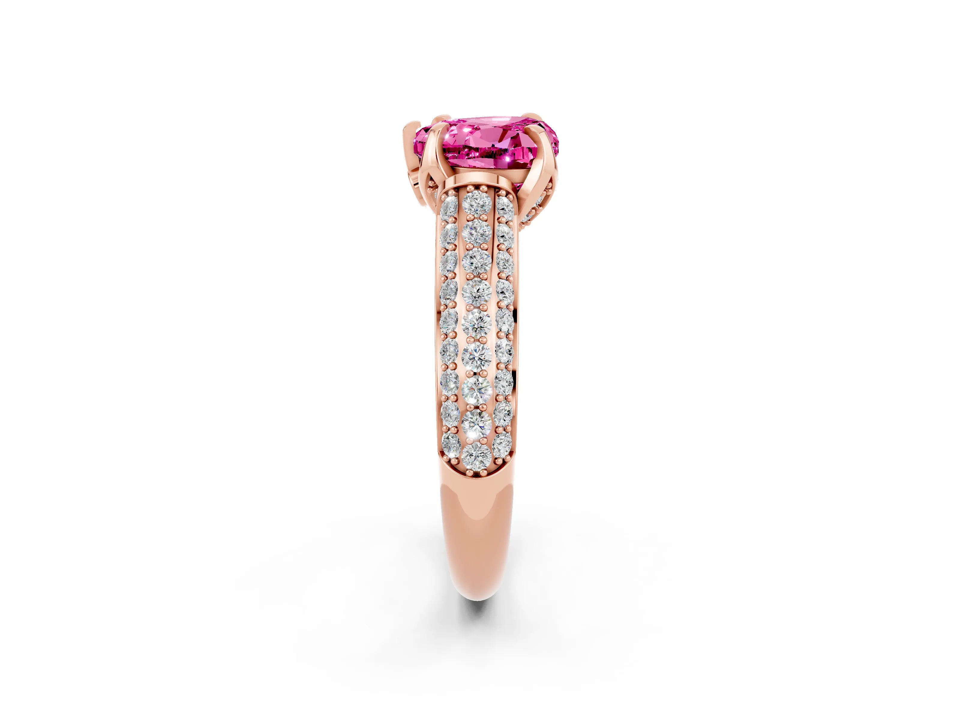 Rose gold Heart Cut Pink Sapphire Solitaire Ring with Three-Row Pavé Band and Four-Prong Setting_14
