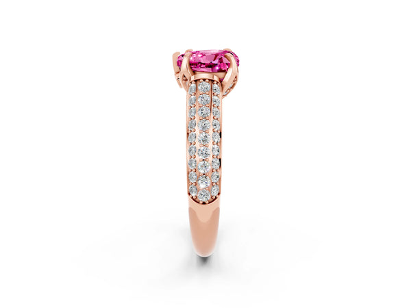 Rose gold Heart Cut Pink Sapphire Solitaire Ring with Three-Row Pavé Band and Four-Prong Setting