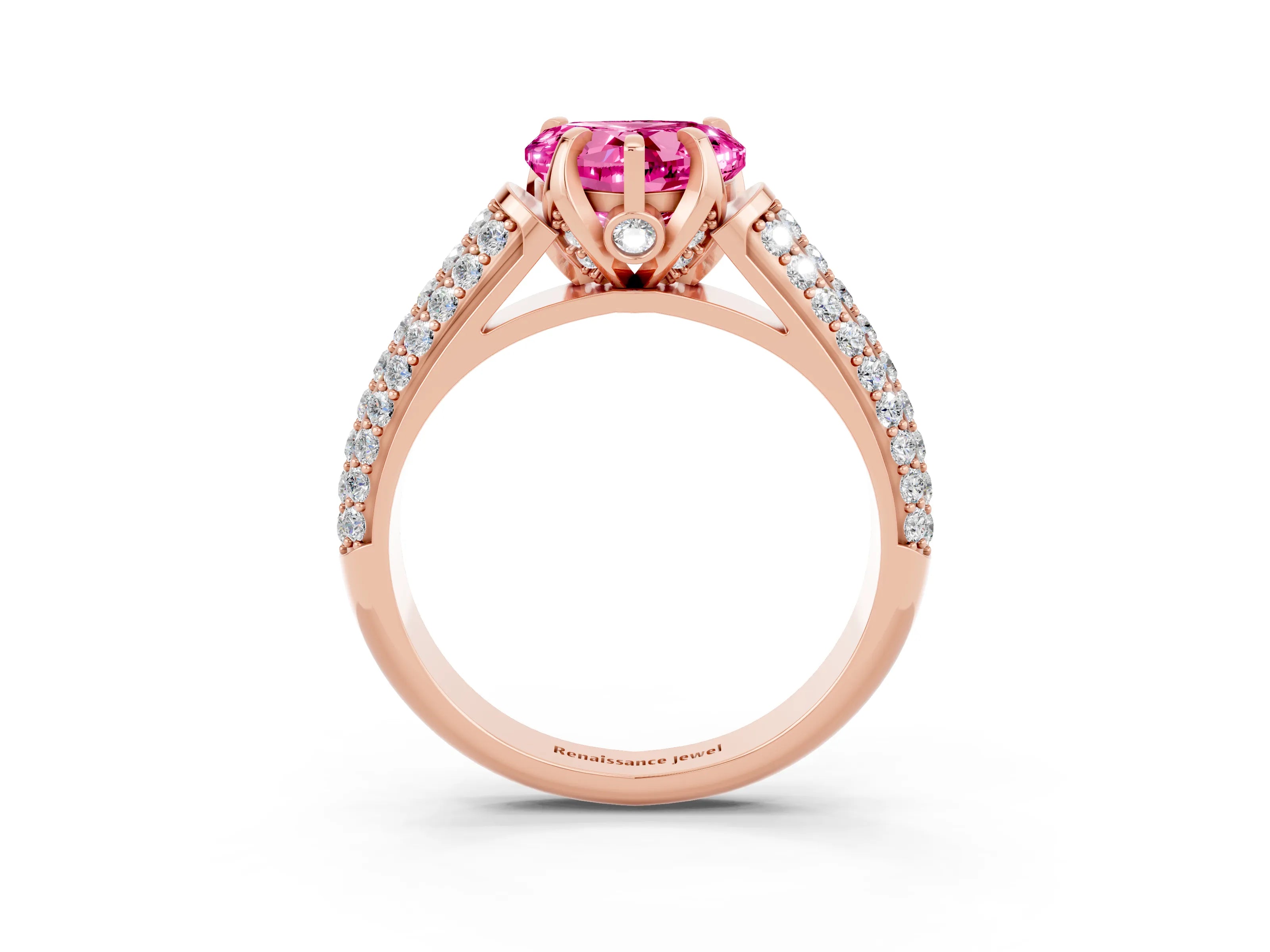 Rose gold Heart Cut Pink Sapphire Solitaire Ring with Three-Row Pavé Band and Four-Prong Setting_15