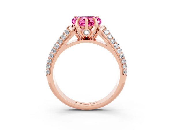 Rose gold Heart Cut Pink Sapphire Solitaire Ring with Three-Row Pavé Band and Four-Prong Setting