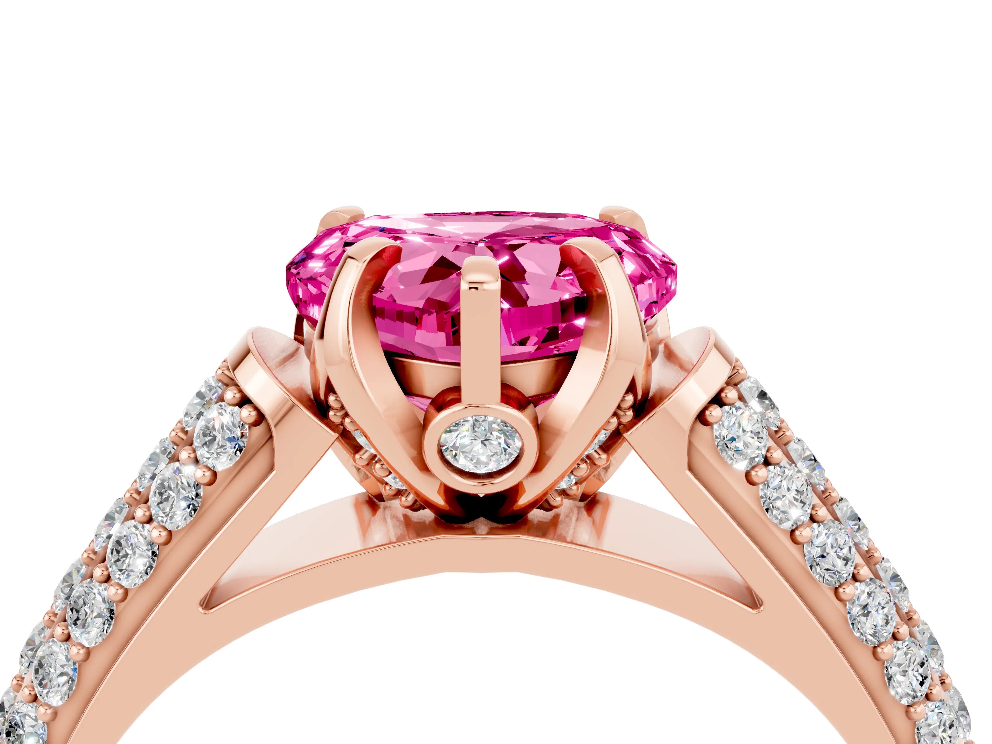 Rose gold Heart Cut Pink Sapphire Solitaire Ring with Three-Row Pavé Band and Four-Prong Setting_16