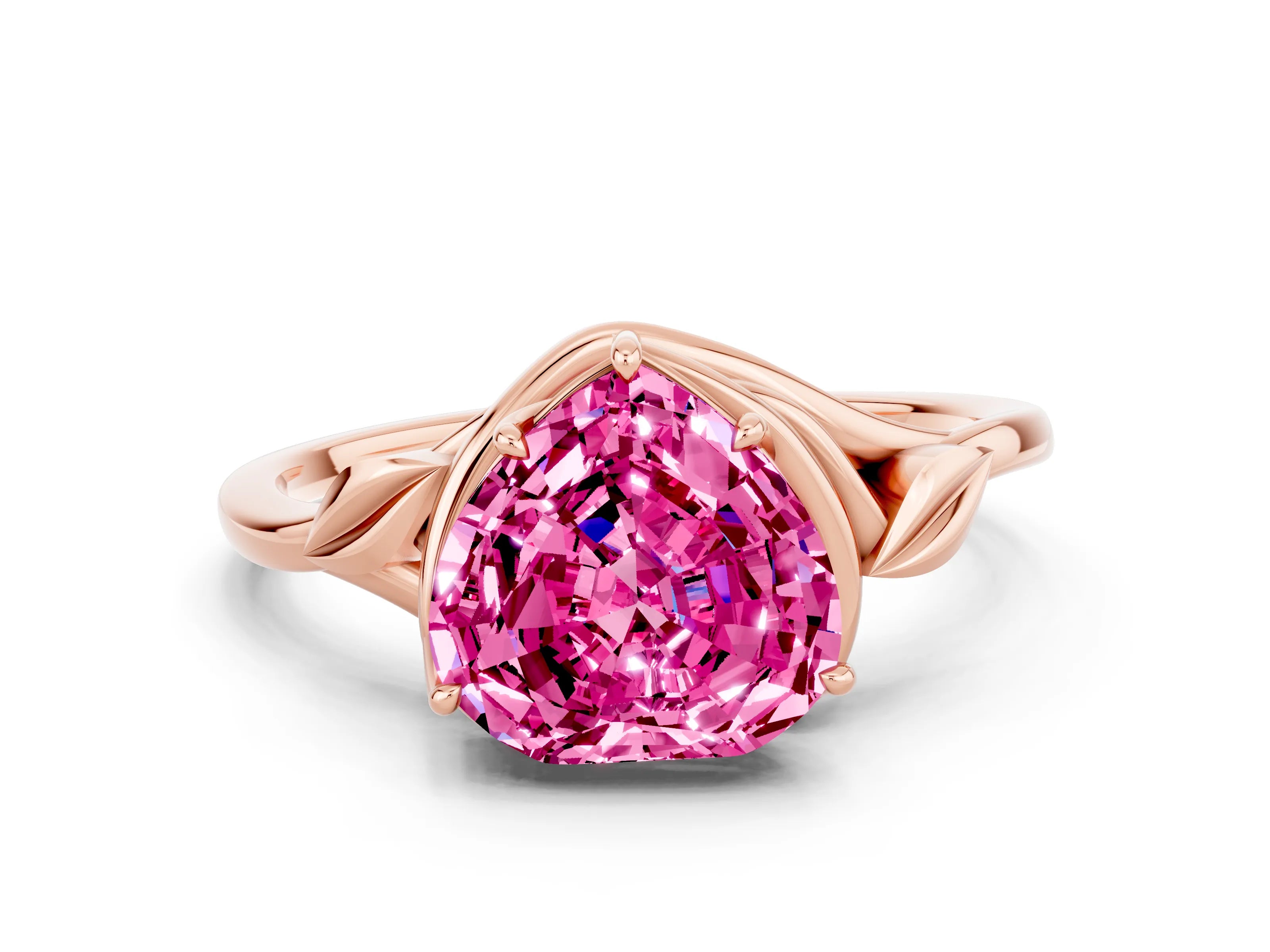 Rose gold Heart Cut Pink Sapphire Solitaire Ring with Twist Band and Four-Prong Setting_24