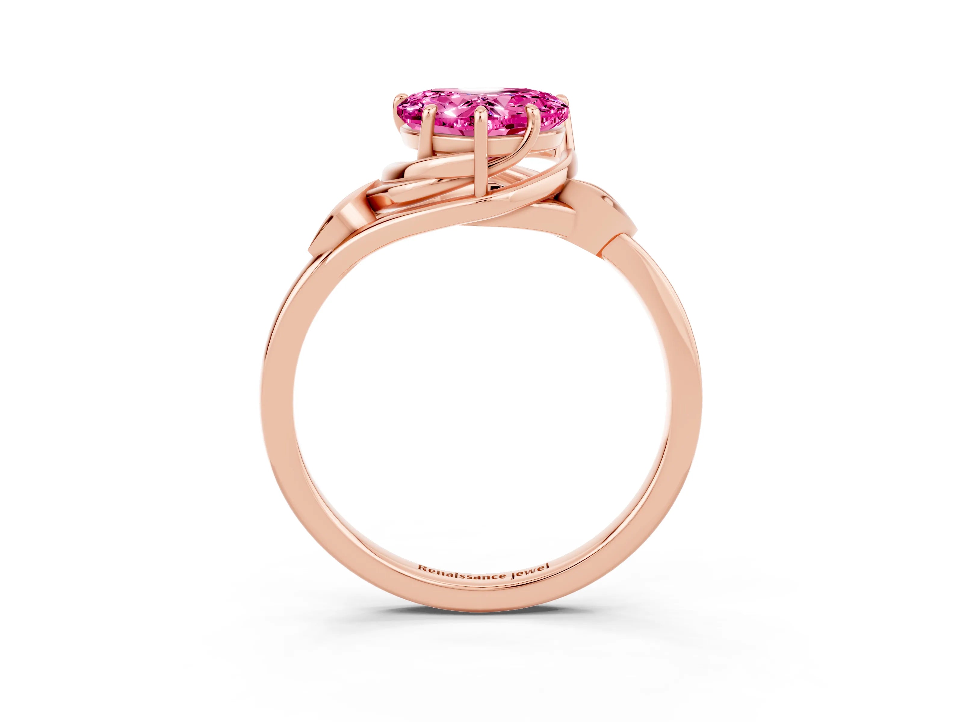 Rose gold Heart Cut Pink Sapphire Solitaire Ring with Twist Band and Four-Prong Setting_27
