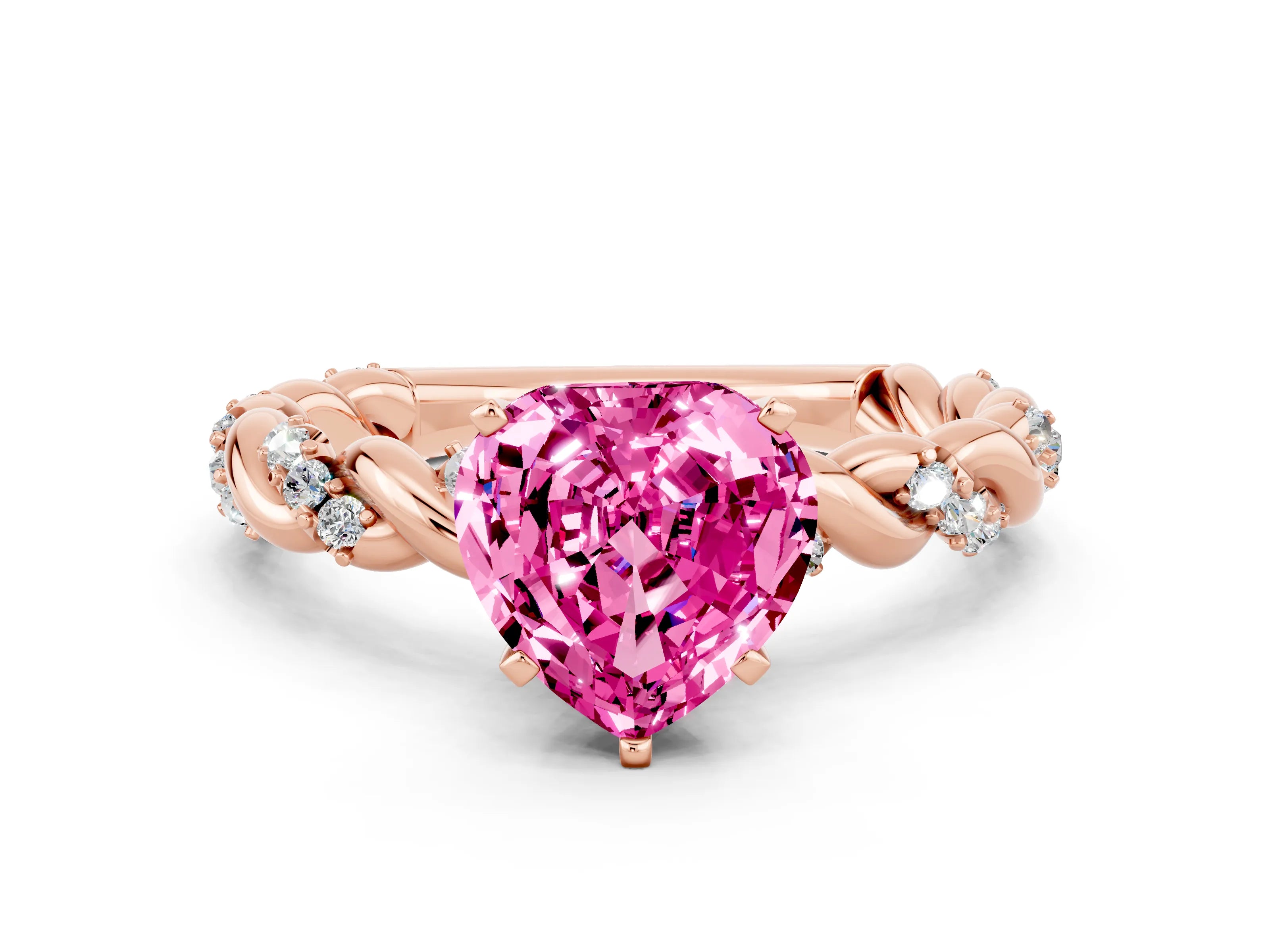 Rose gold Heart Cut Pink Sapphire Solitaire Ring with Twisted Band and Pavé Accents