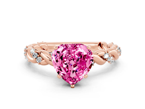 Rose gold Heart Cut Pink Sapphire Solitaire Ring with Twisted Band and Pavé Accents