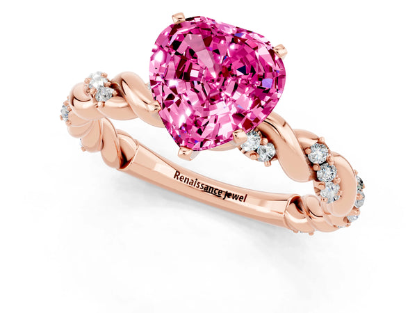 Rose gold Heart Cut Pink Sapphire Solitaire Ring with Twisted Band and Pavé Accents