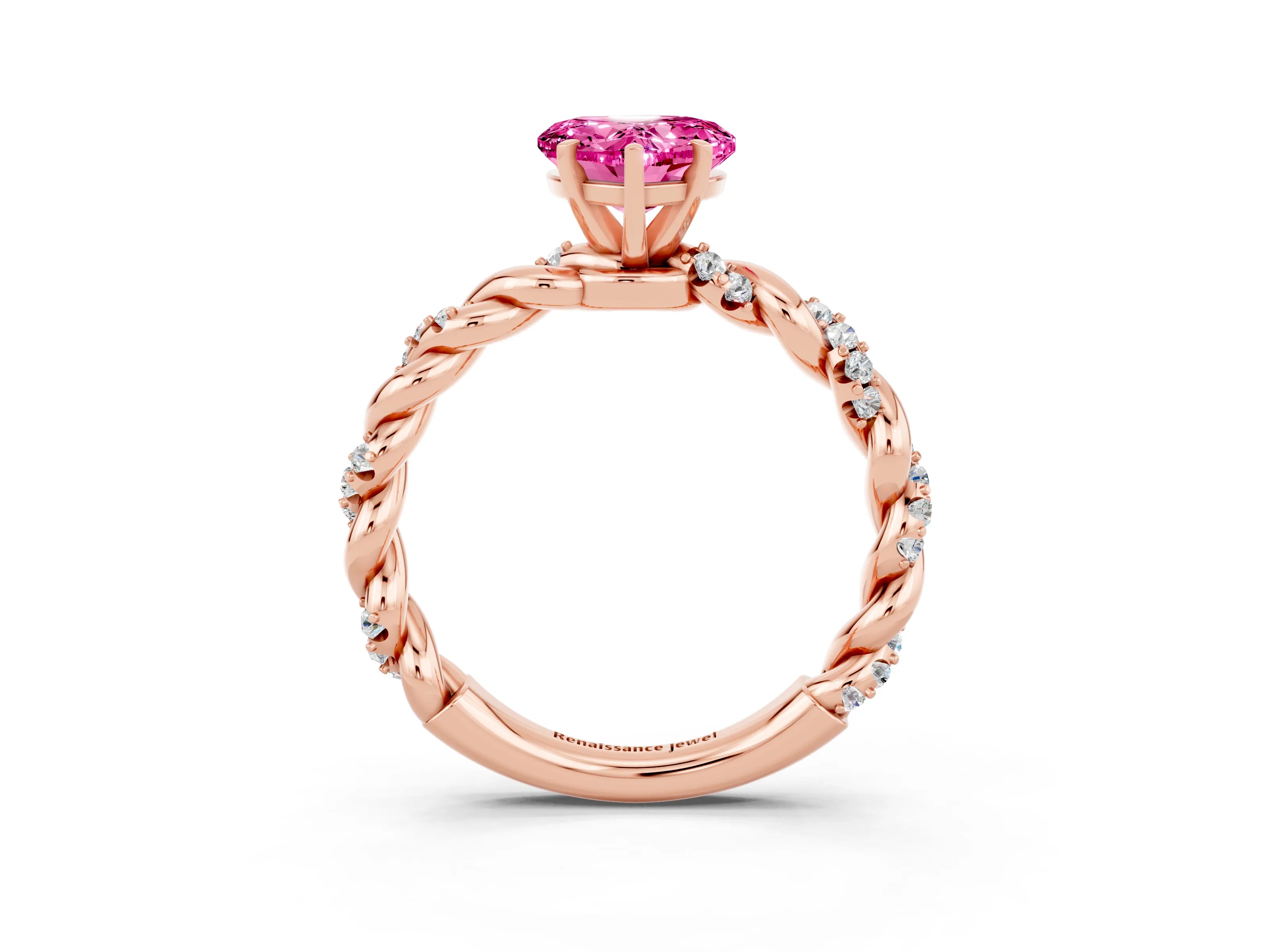 Rose gold Heart Cut Pink Sapphire Solitaire Ring with Twisted Band and Pavé Accents_3