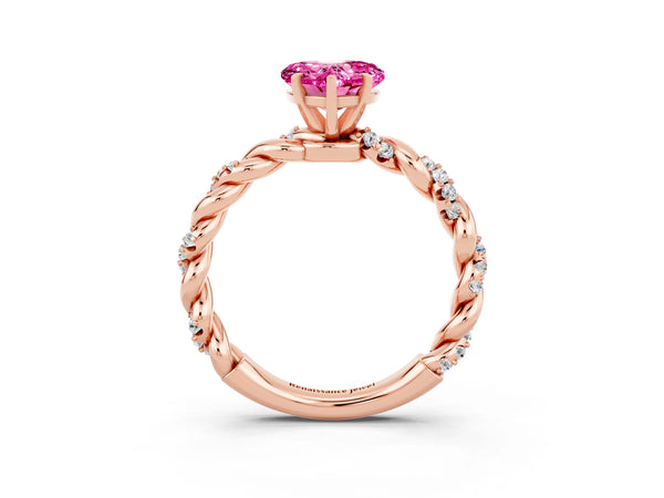 Rose gold Heart Cut Pink Sapphire Solitaire Ring with Twisted Band and Pavé Accents
