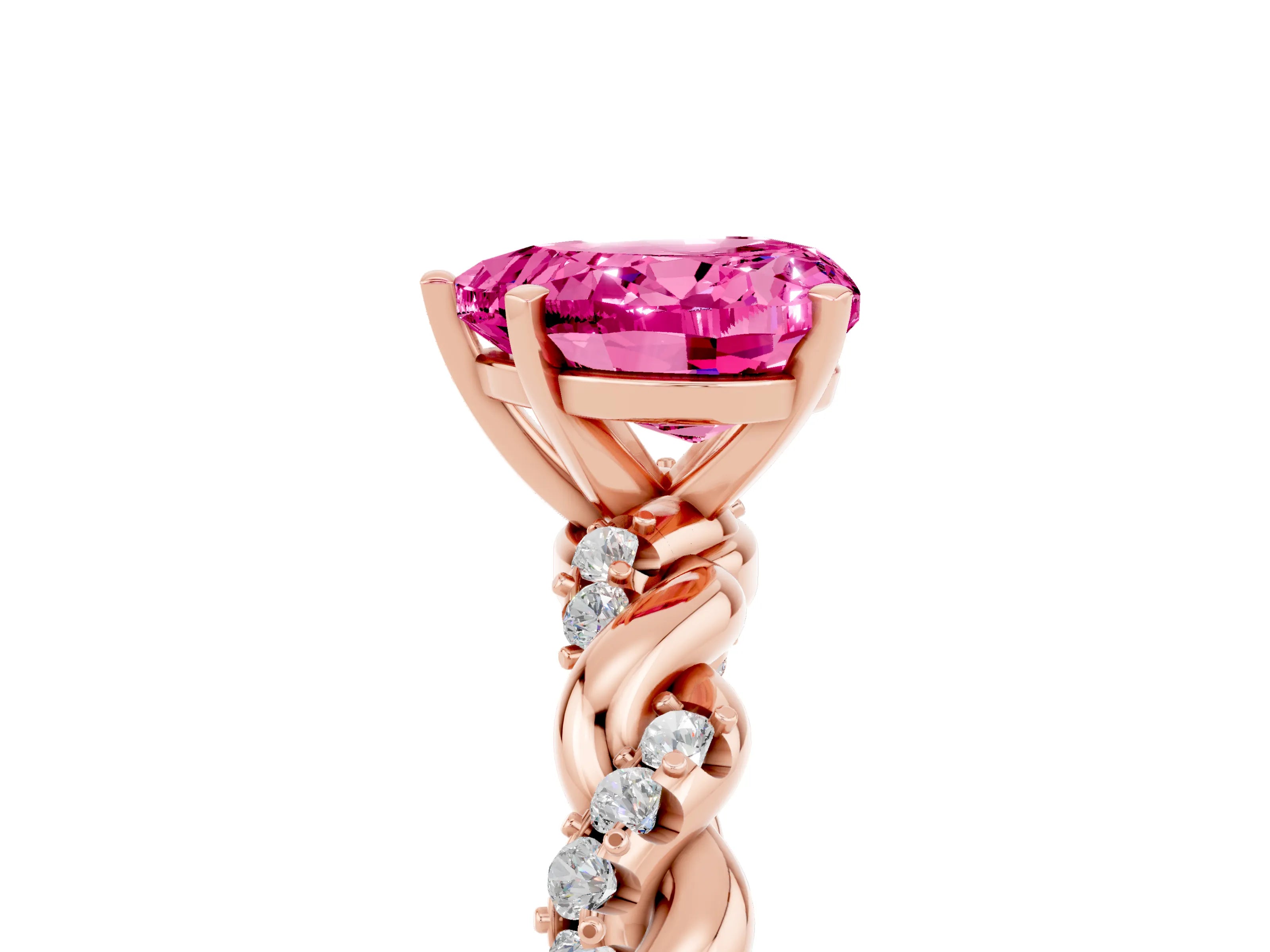 Rose gold Heart Cut Pink Sapphire Solitaire Ring with Twisted Band and Pavé Accents_5
