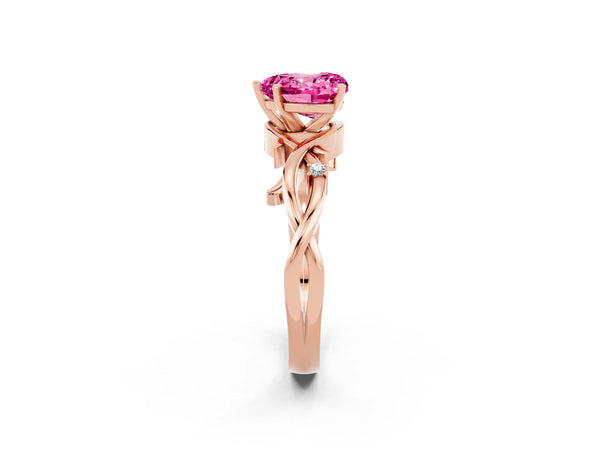 Rose gold Heart Cut Pink Sapphire Solitaire Ring with Twisted Band and Prong Setting