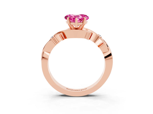 Rose gold Heart Cut Pink Sapphire Solitaire Ring with Twisted Band and Prong Setting