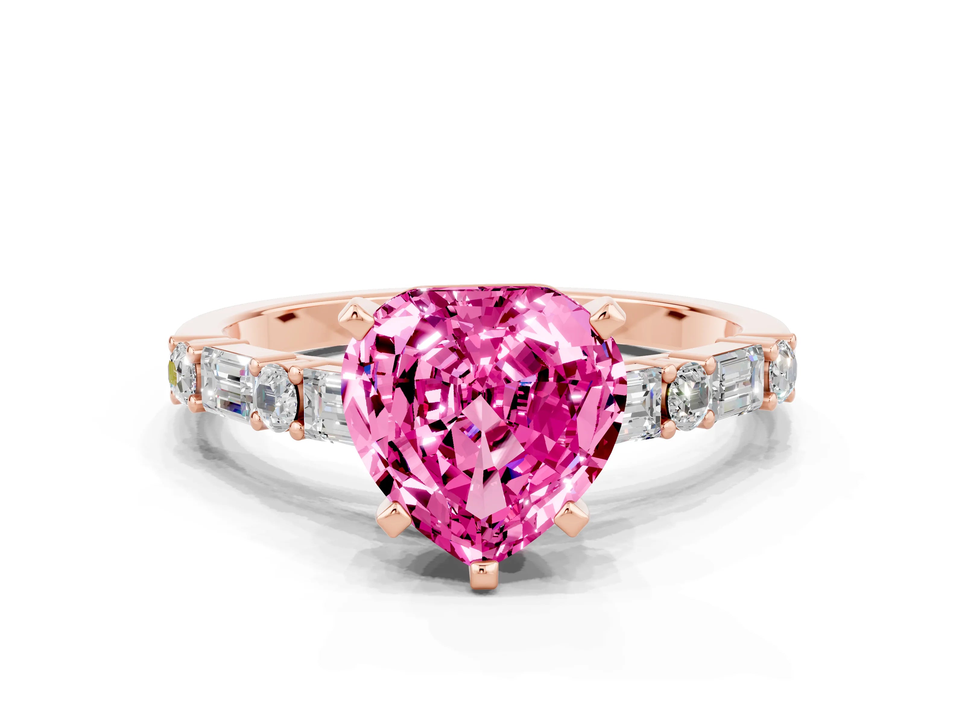 Rose gold Heart Cut Pink Sapphire Solitaire with Side Baguettes and Channel Set Band_24