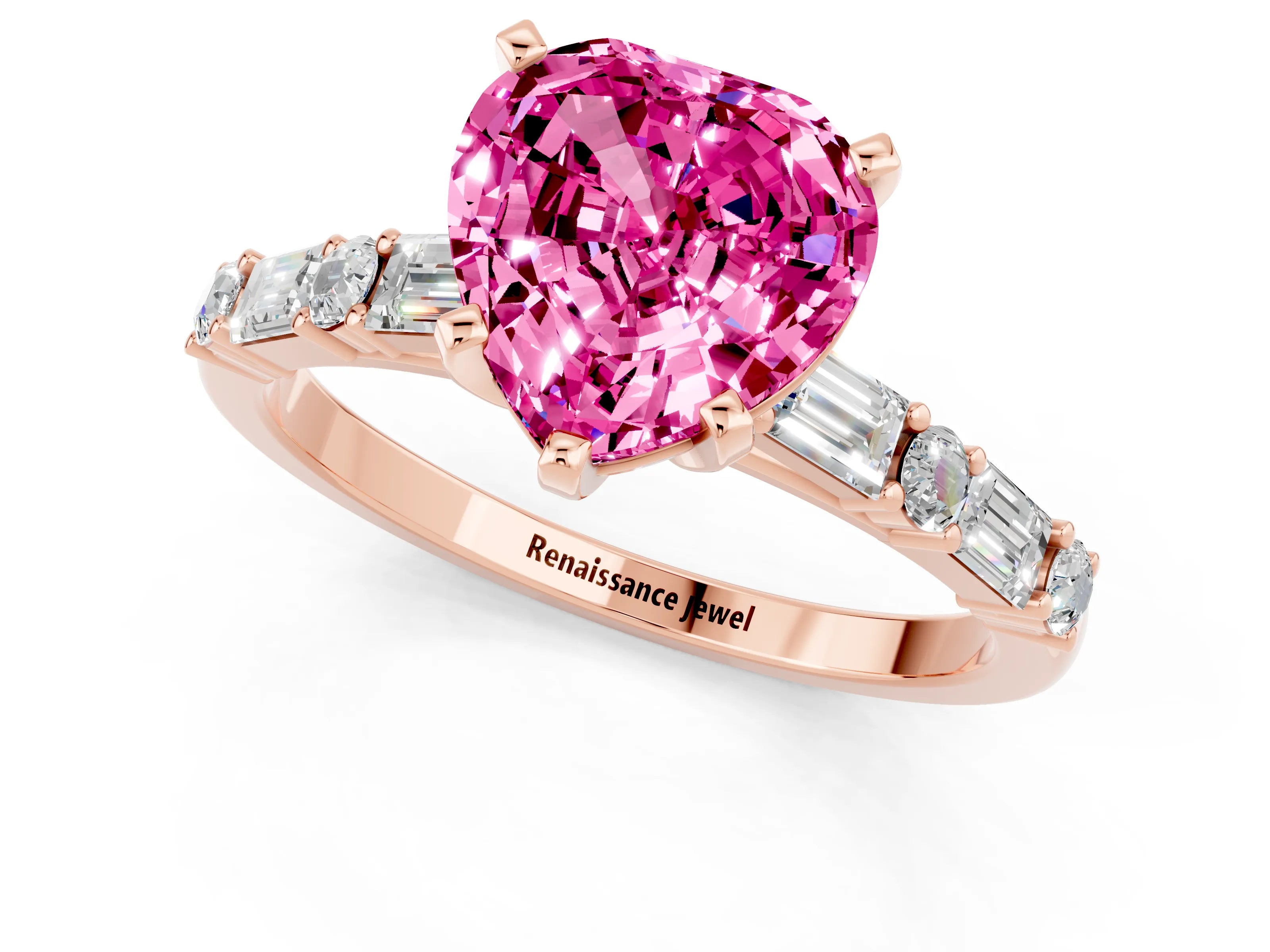 Rose gold Heart Cut Pink Sapphire Solitaire with Side Baguettes and Channel Set Band_25