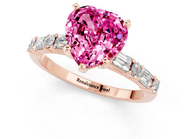 Rose gold Heart Cut Pink Sapphire Solitaire with Side Baguettes and Channel Set Band