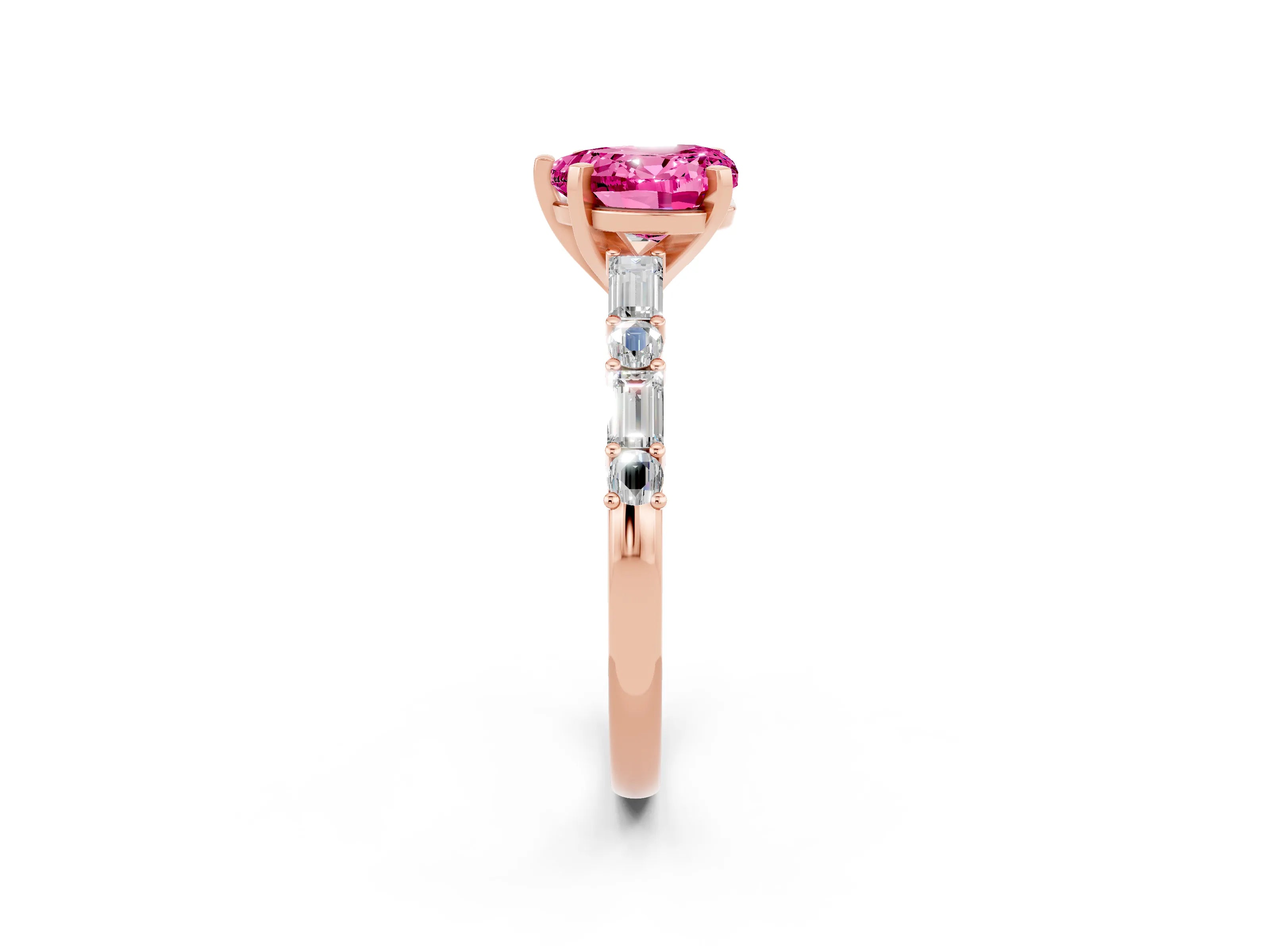 Rose gold Heart Cut Pink Sapphire Solitaire with Side Baguettes and Channel Set Band_26