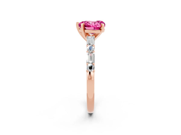 Rose gold Heart Cut Pink Sapphire Solitaire with Side Baguettes and Channel Set Band
