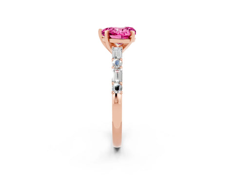 Rose gold Heart Cut Pink Sapphire Solitaire with Side Baguettes and Channel Set Band_26