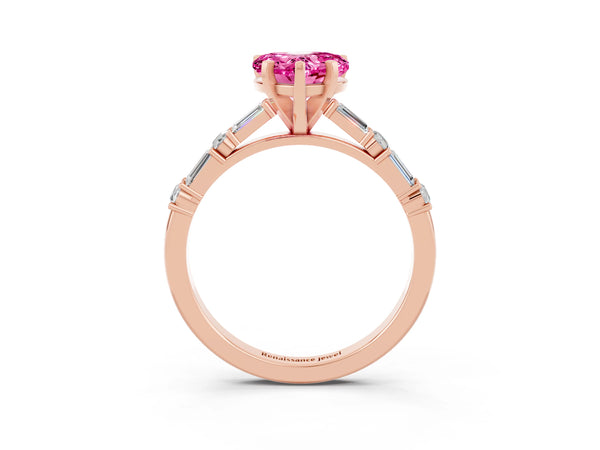 Rose gold Heart Cut Pink Sapphire Solitaire with Side Baguettes and Channel Set Band