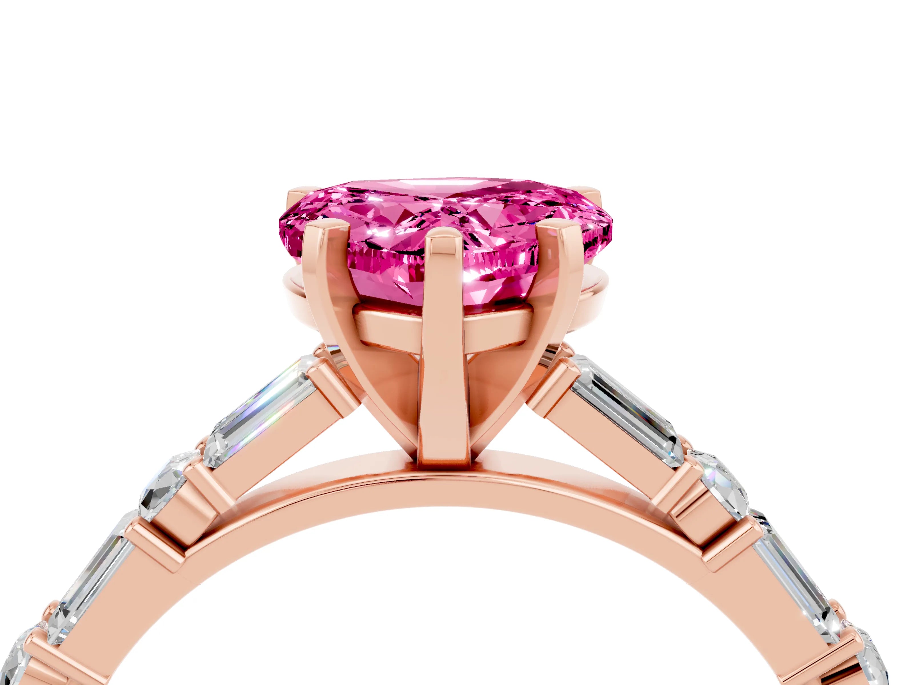 Rose gold Heart Cut Pink Sapphire Solitaire with Side Baguettes and Channel Set Band_28