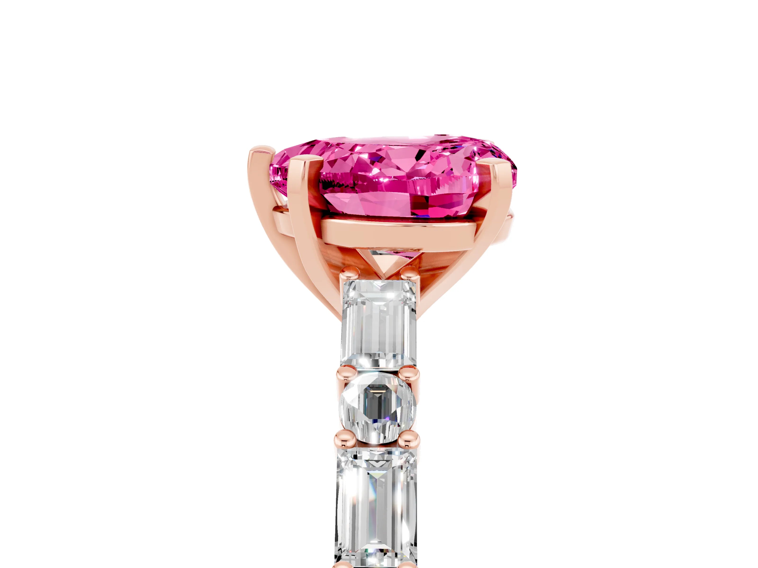Rose gold Heart Cut Pink Sapphire Solitaire with Side Baguettes and Channel Set Band_29