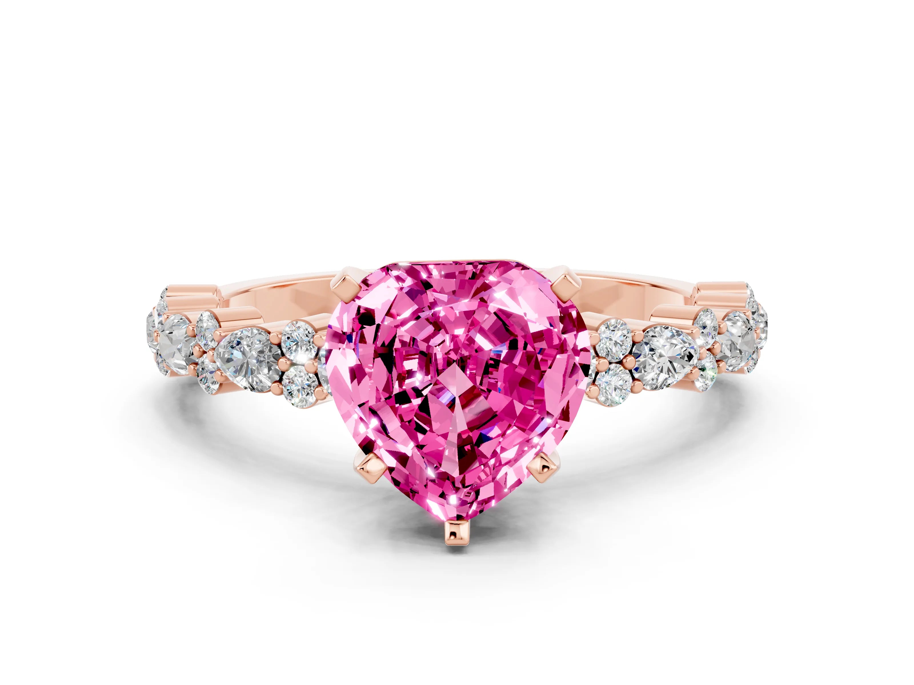 Rose gold Heart Cut Pink Sapphire Solitaire with Side Stones, Pave Band, Four-Prong Setting_60
