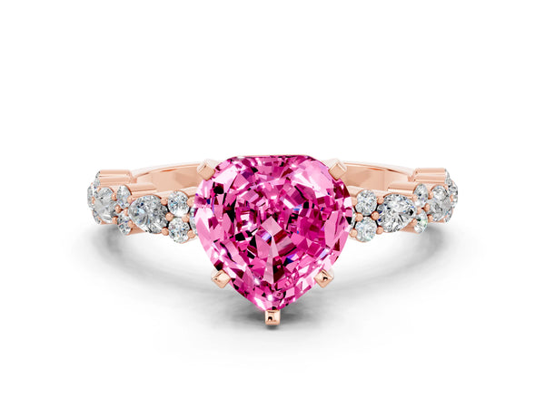 Rose gold Heart Cut Pink Sapphire Side Stone Solitaire Ring with Round  and Four-Prong Setting