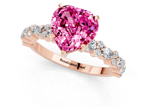 Rose gold Heart Cut Pink Sapphire Side Stone Solitaire Ring with Round  and Four-Prong Setting
