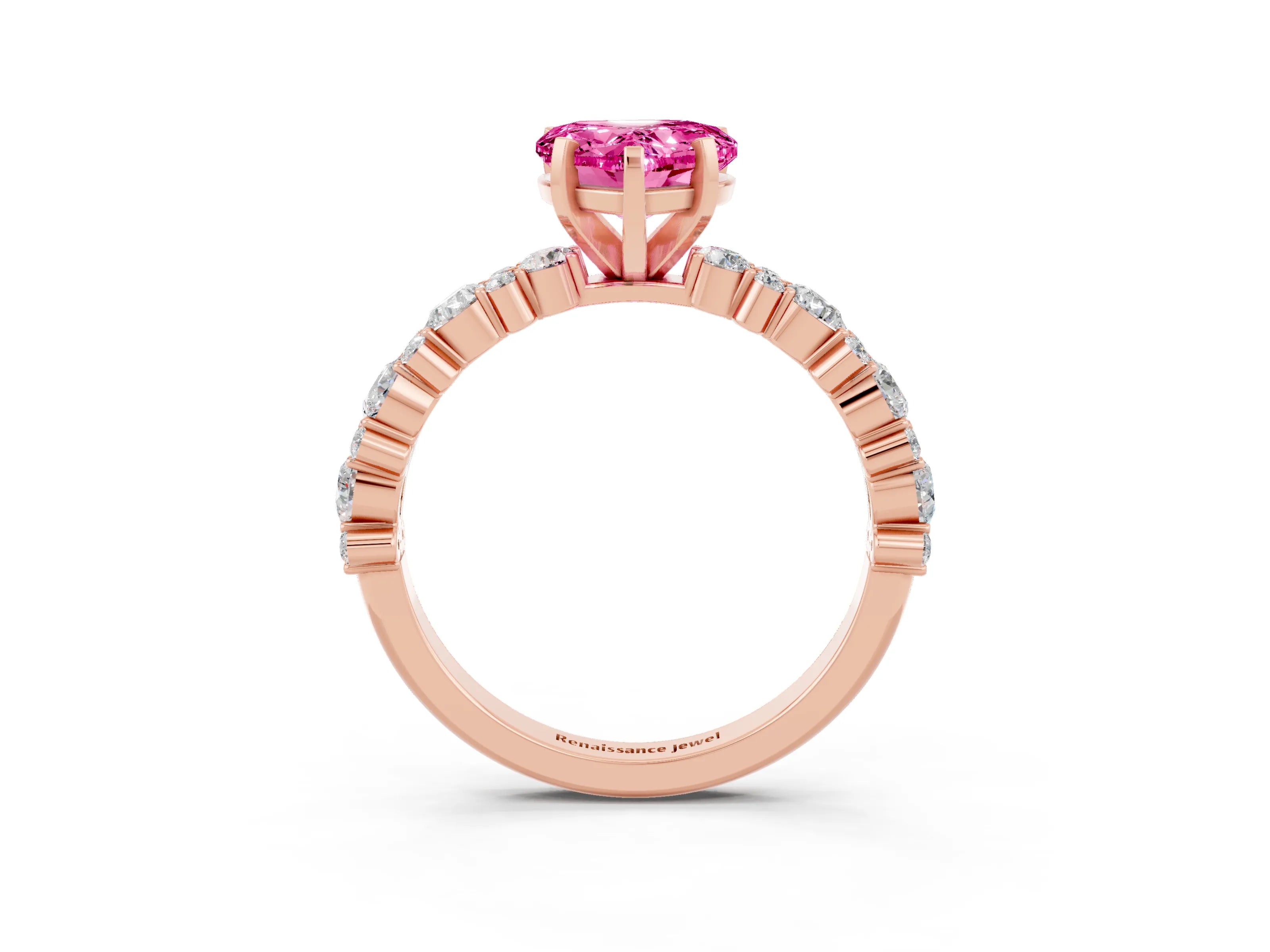 Rose gold Heart Cut Pink Sapphire Solitaire with Side Stones, Pave Band, Four-Prong Setting_63