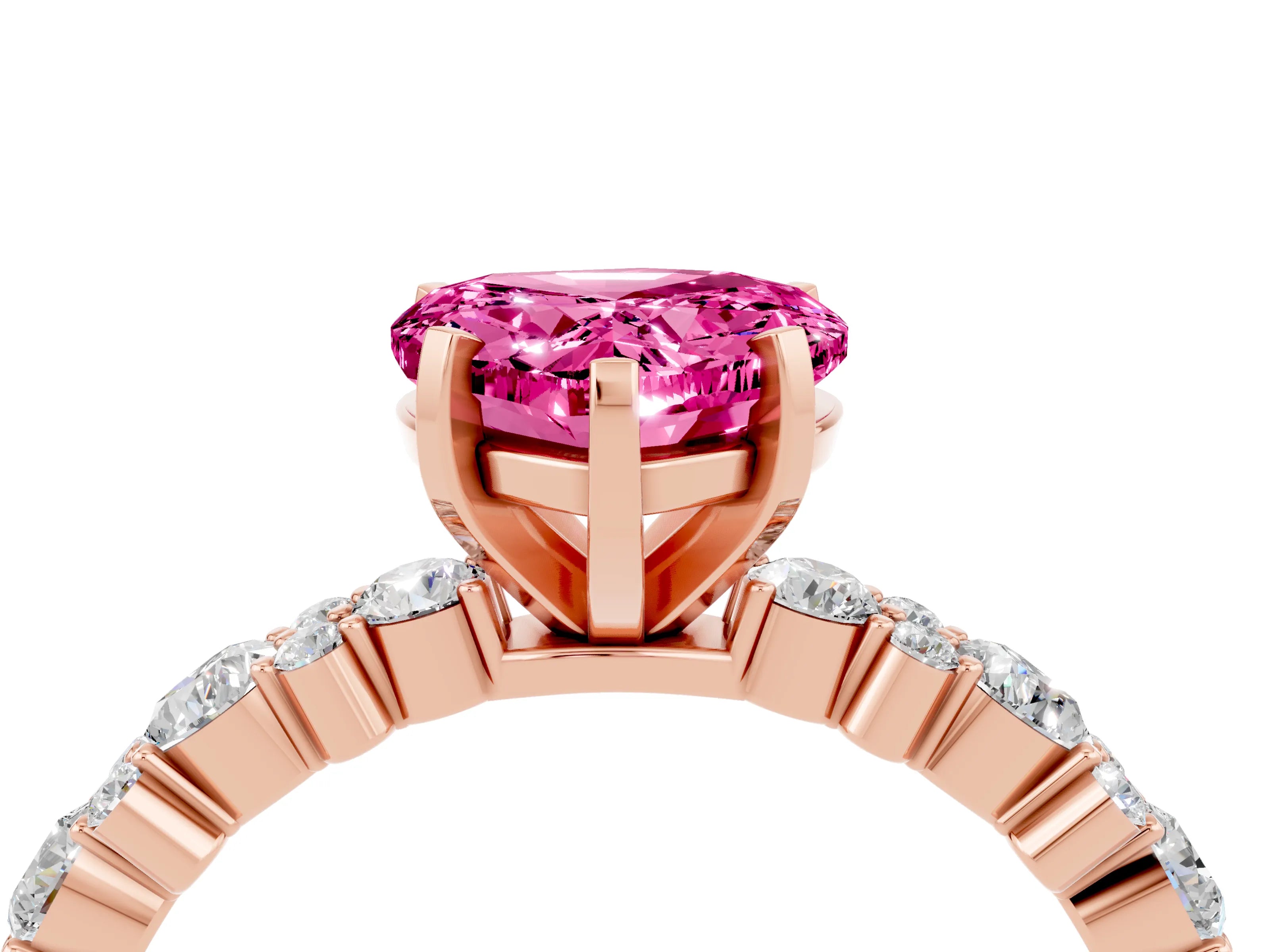 Rose gold Heart Cut Pink Sapphire Solitaire with Side Stones, Pave Band, Four-Prong Setting_64