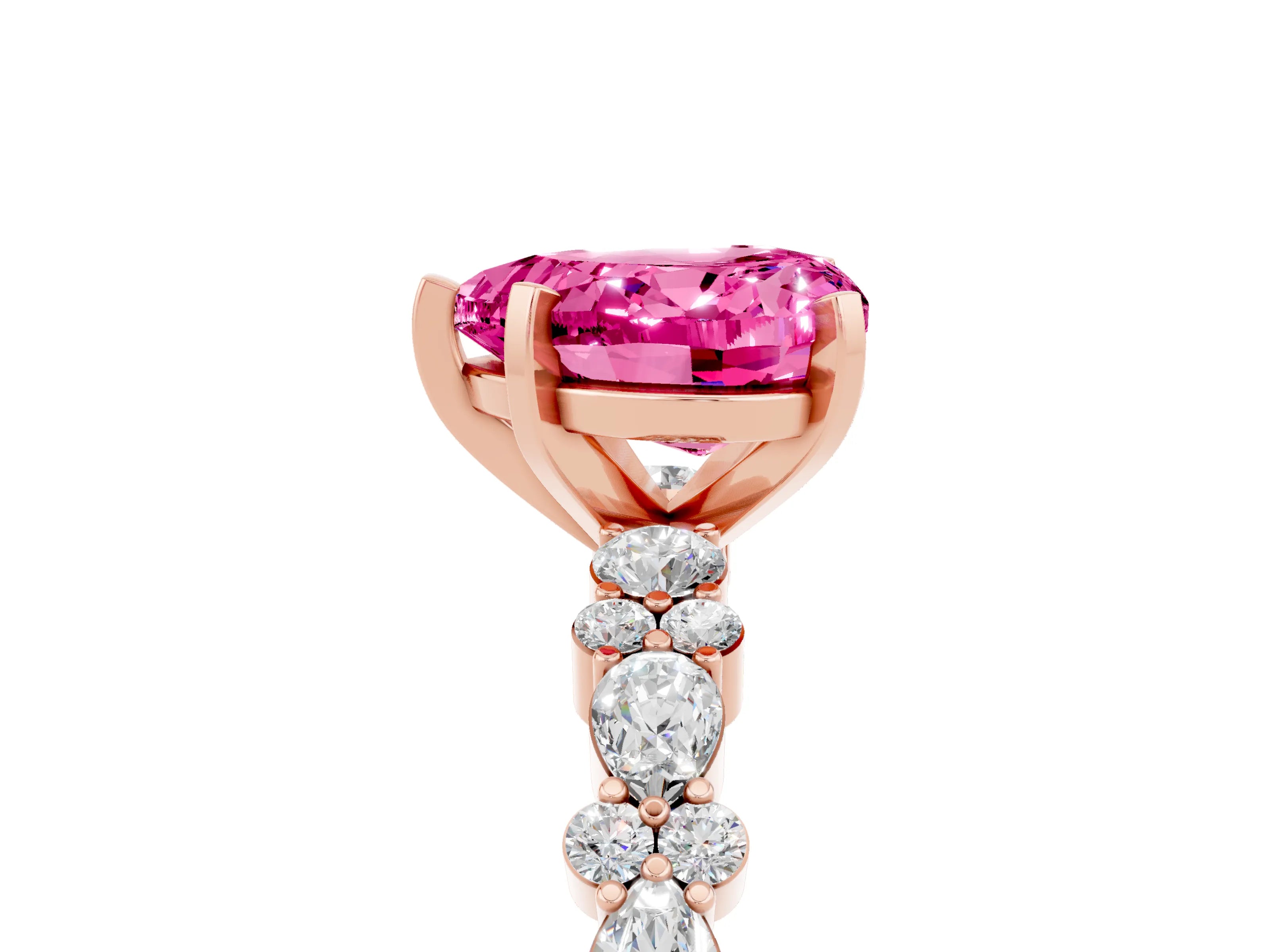 Rose gold Heart Cut Pink Sapphire Solitaire with Side Stones, Pave Band, Four-Prong Setting_65