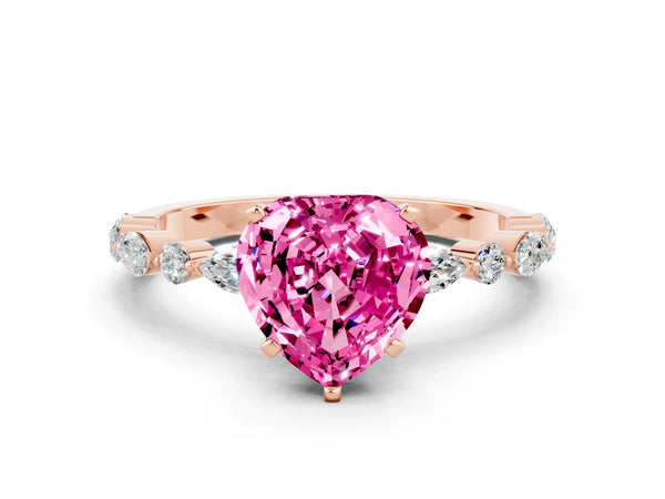 Rose gold Heart Cut Pink Sapphire Ring with Marquise and Round  Side Stones and Four-Prong Setting