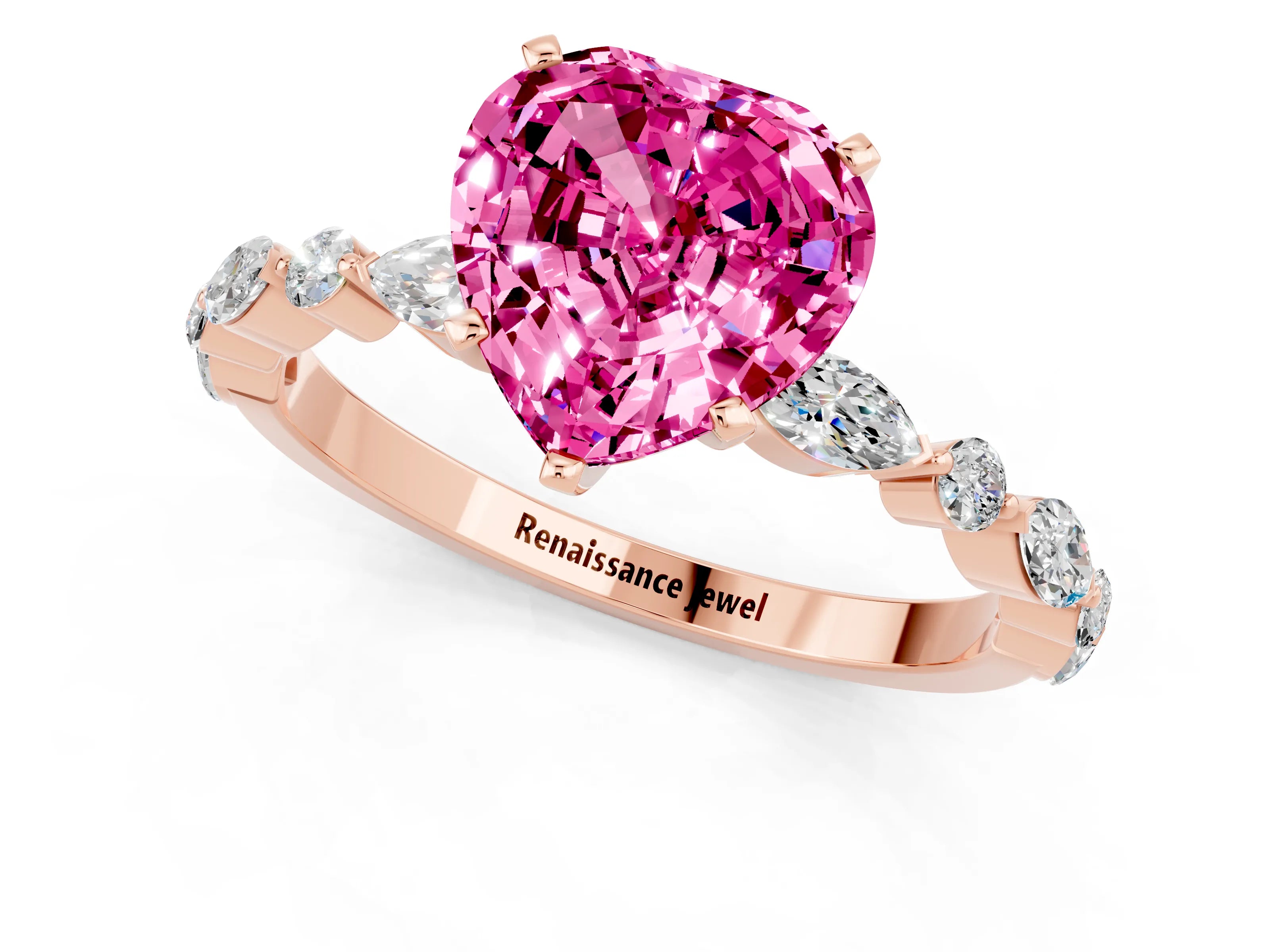 Rose gold Heart Cut Pink Sapphire Solitaire with Side Stones on a Pavé Band and Four-Prong Setting_25