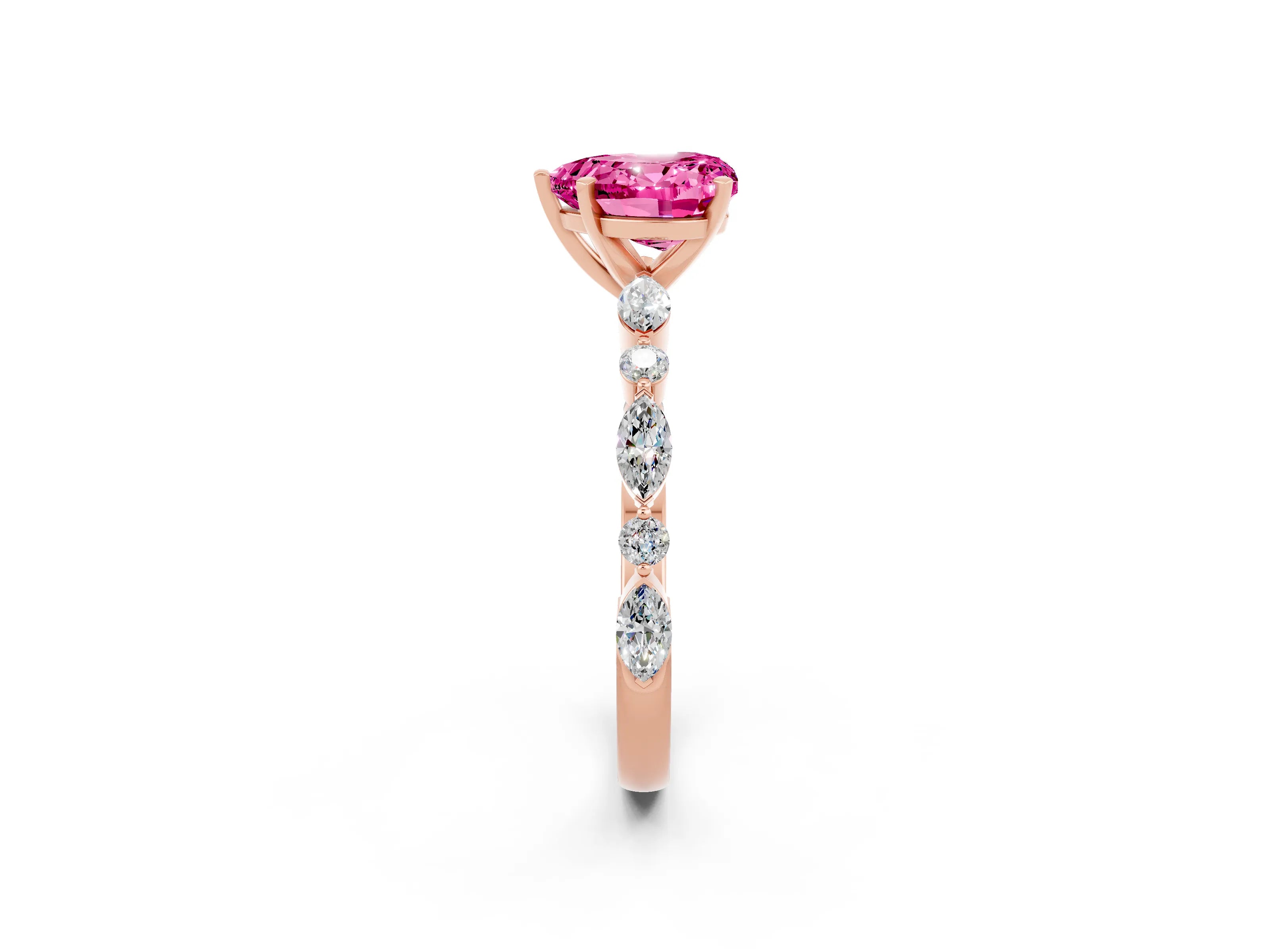 Rose gold Heart Cut Pink Sapphire Solitaire with Side Stones on a Pavé Band and Four-Prong Setting_26