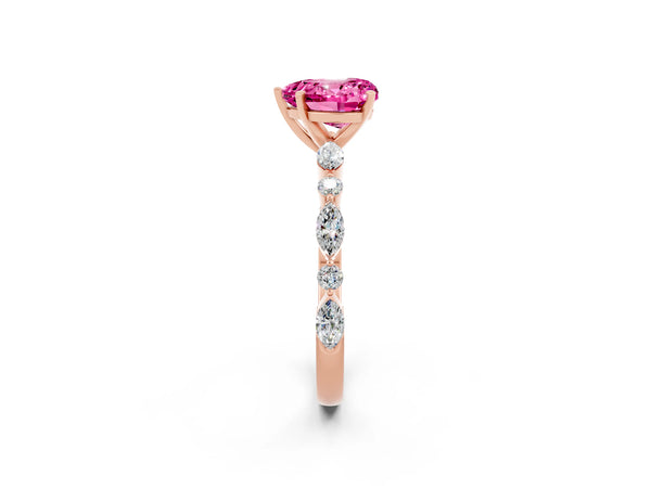 Rose gold Heart Cut Pink Sapphire Ring with Marquise and Round  Side Stones and Four-Prong Setting