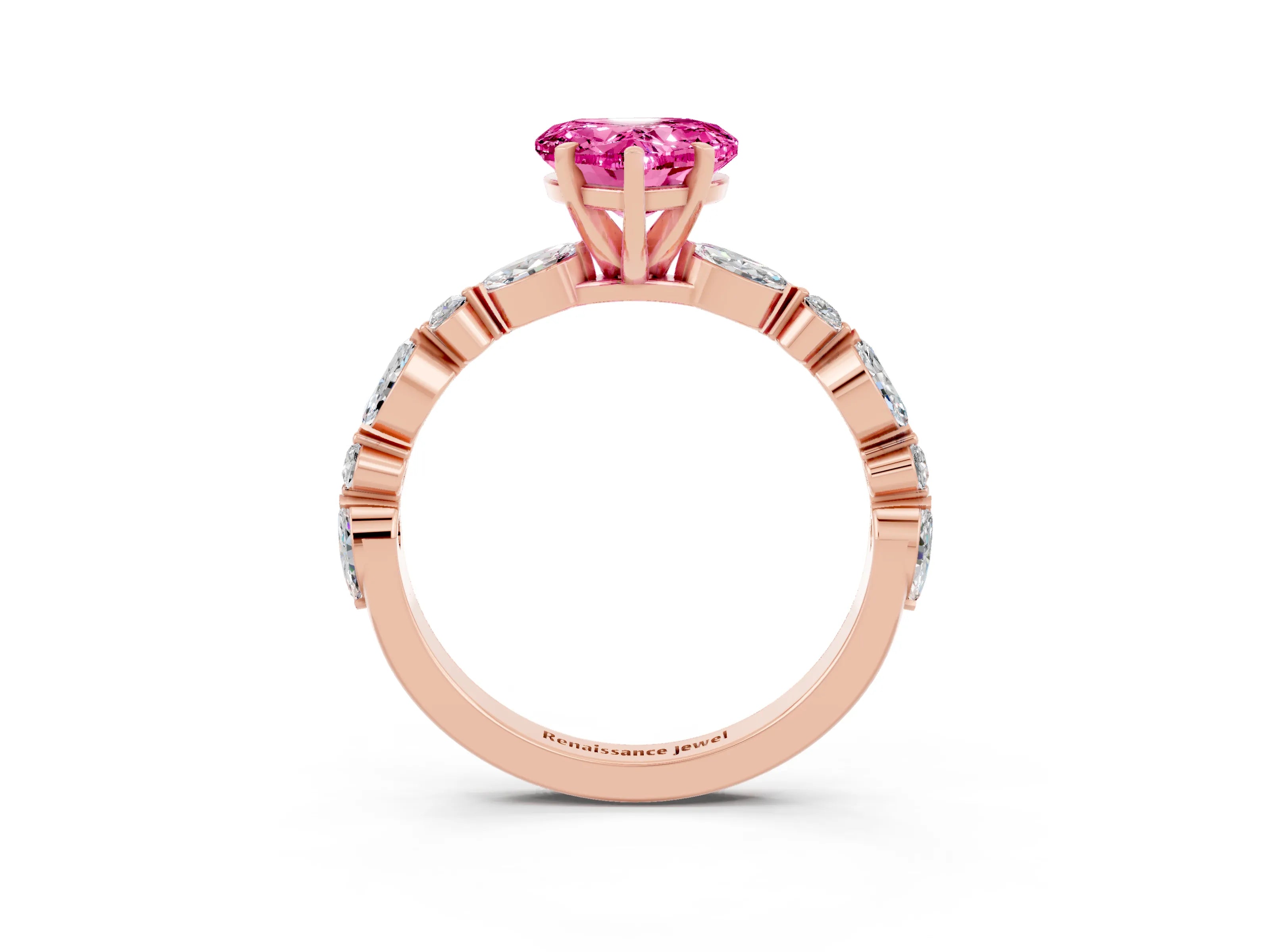 Rose gold Heart Cut Pink Sapphire Solitaire with Side Stones on a Pavé Band and Four-Prong Setting_27