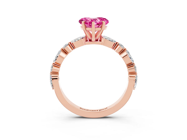 Rose gold Heart Cut Pink Sapphire Ring with Marquise and Round  Side Stones and Four-Prong Setting