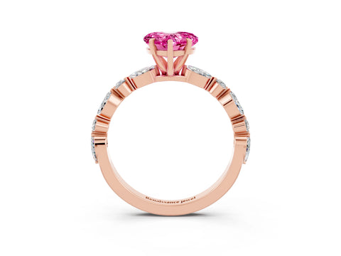 Rose gold Heart Cut Pink Sapphire Solitaire with Side Stones on a Pavé Band and Four-Prong Setting_27