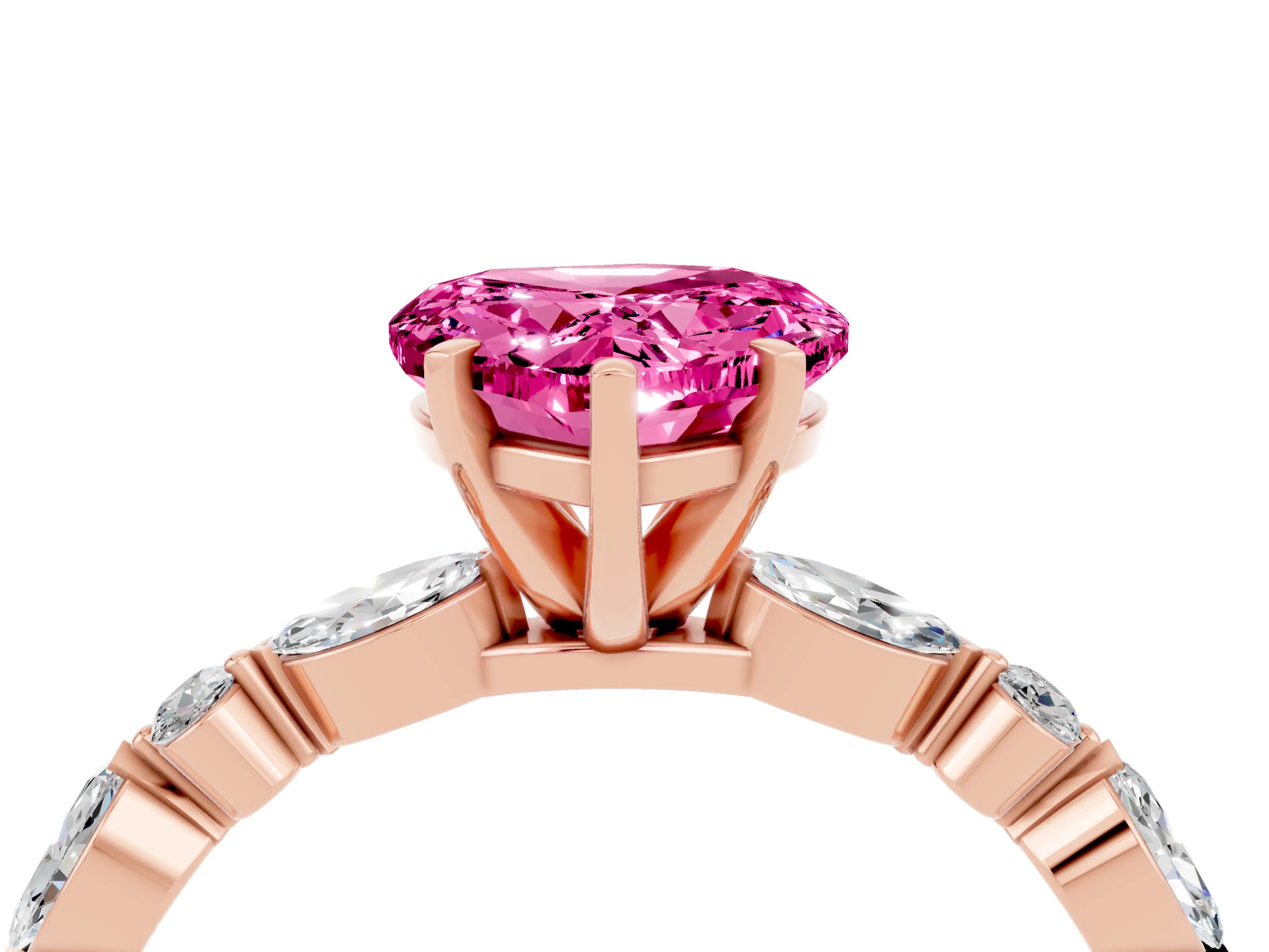 Rose gold Heart Cut Pink Sapphire Solitaire with Side Stones on a Pavé Band and Four-Prong Setting_28