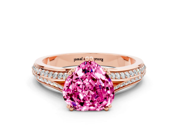 Rose gold Heart Cut Pink Sapphire Split Shank Engagement Ring with Pavé Band