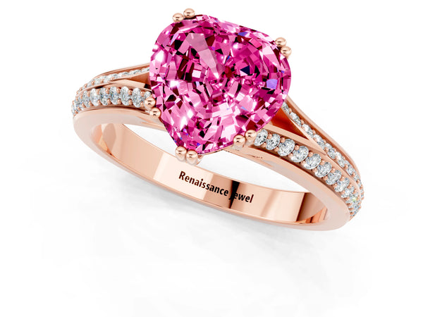 Rose gold Heart Cut Pink Sapphire Split Shank Engagement Ring with Pavé Band