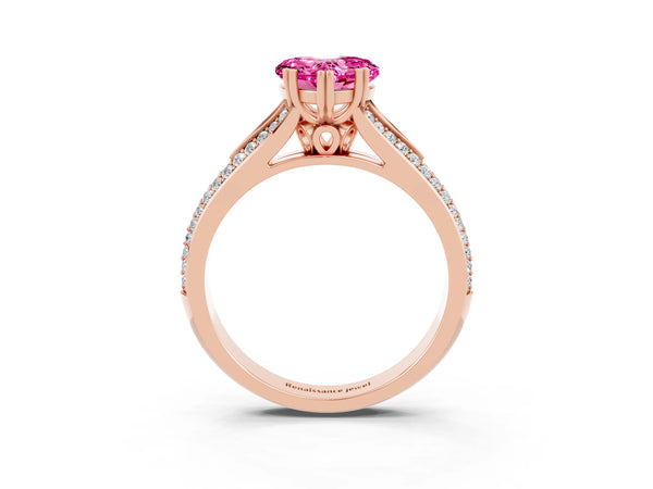 Rose gold Heart Cut Pink Sapphire Split Shank Engagement Ring with Pavé Band