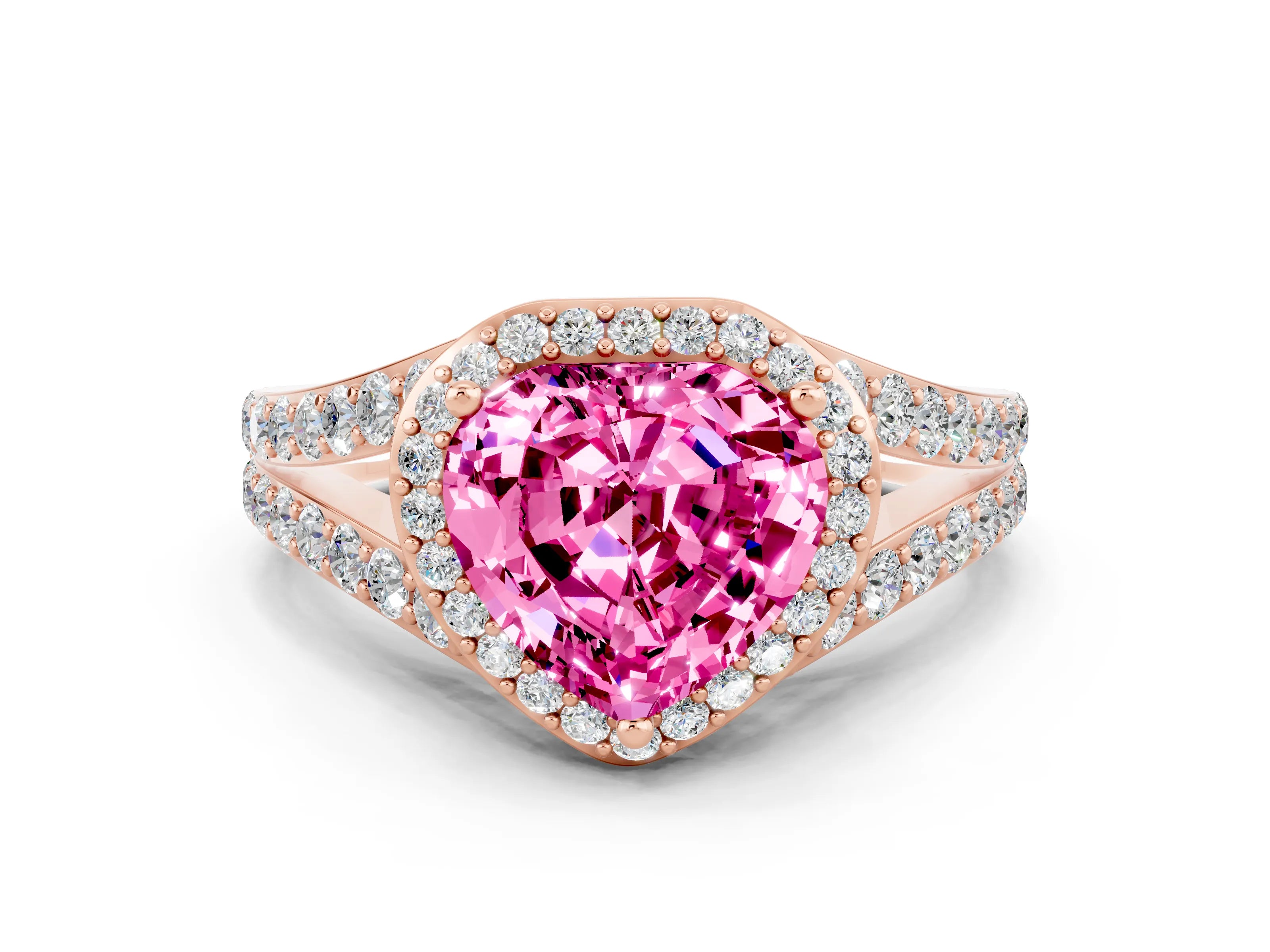 Rose gold Heart Cut Pink Sapphire Split Shank Halo Ring with Four-Prong Setting_12