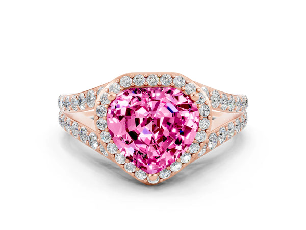 Rose gold Heart Cut Pink Sapphire Split Shank Halo Ring with Four-Prong Setting
