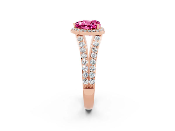 Rose gold Heart Cut Pink Sapphire Split Shank Halo Ring with Four-Prong Setting