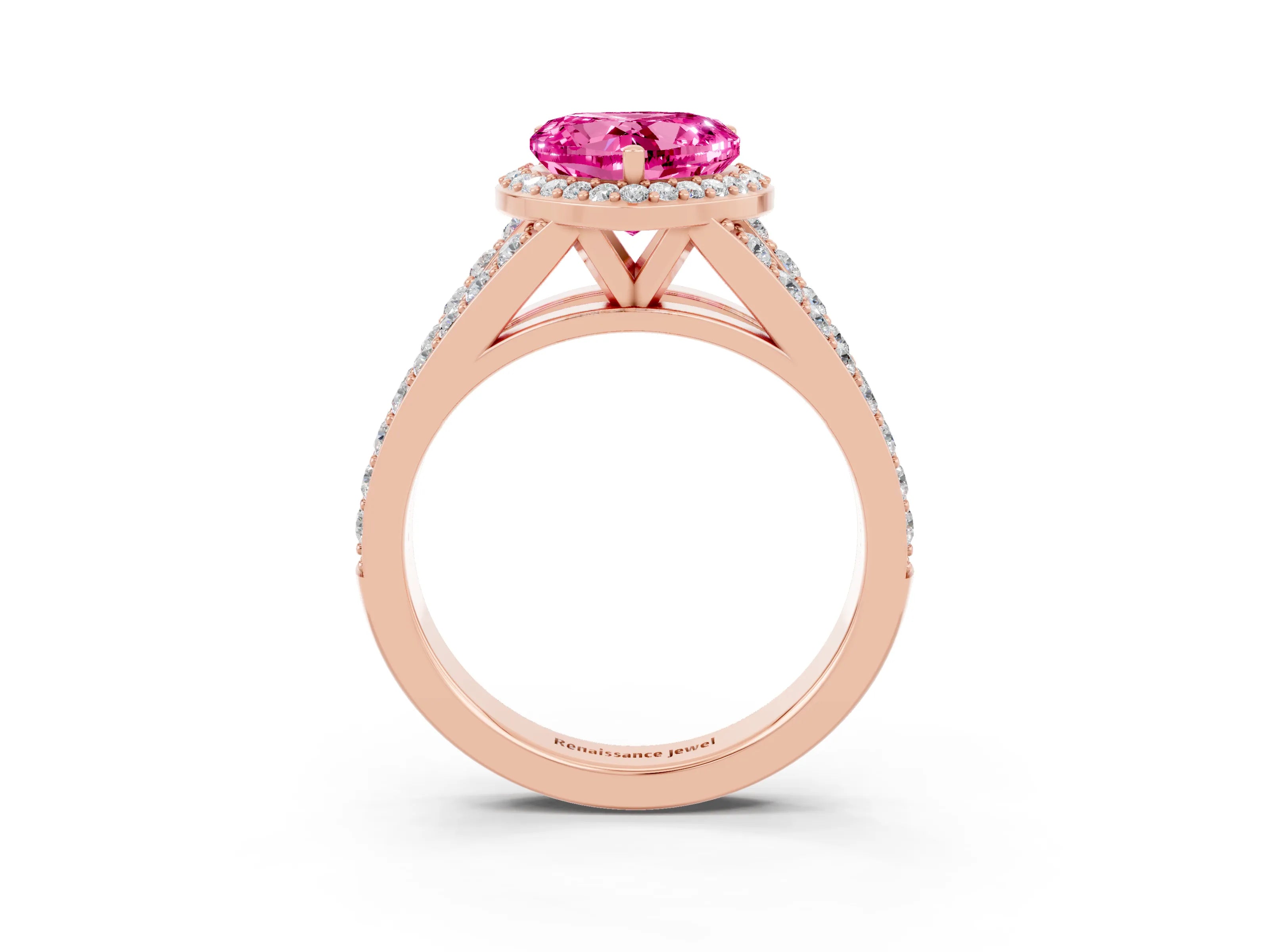 Rose gold Heart Cut Pink Sapphire Split Shank Halo Ring with Four-Prong Setting_15