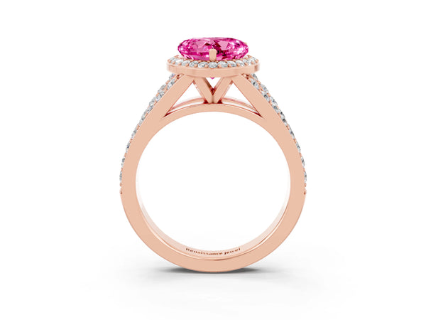 Rose gold Heart Cut Pink Sapphire Split Shank Halo Ring with Four-Prong Setting