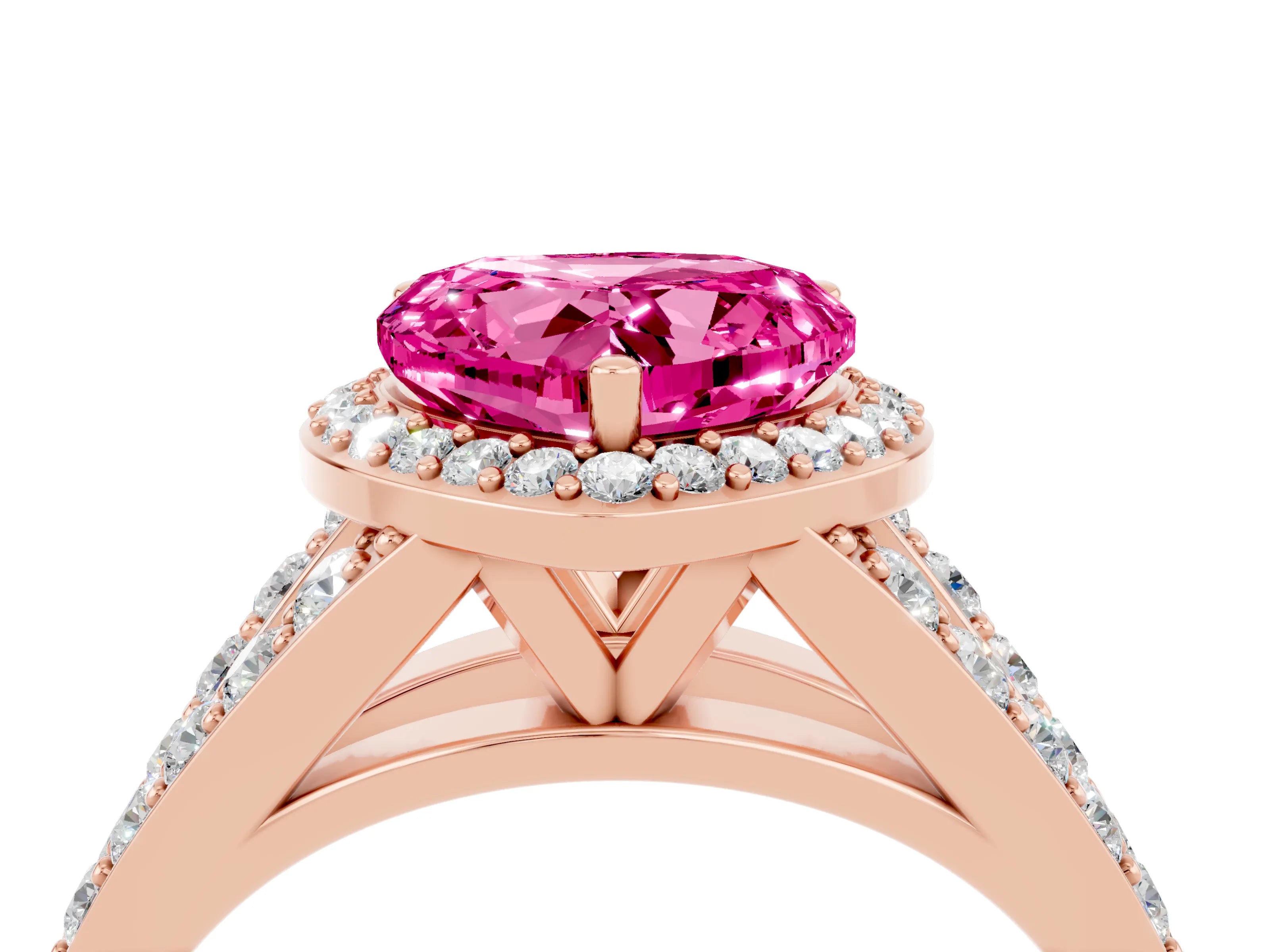Rose gold Heart Cut Pink Sapphire Split Shank Halo Ring with Four-Prong Setting_16