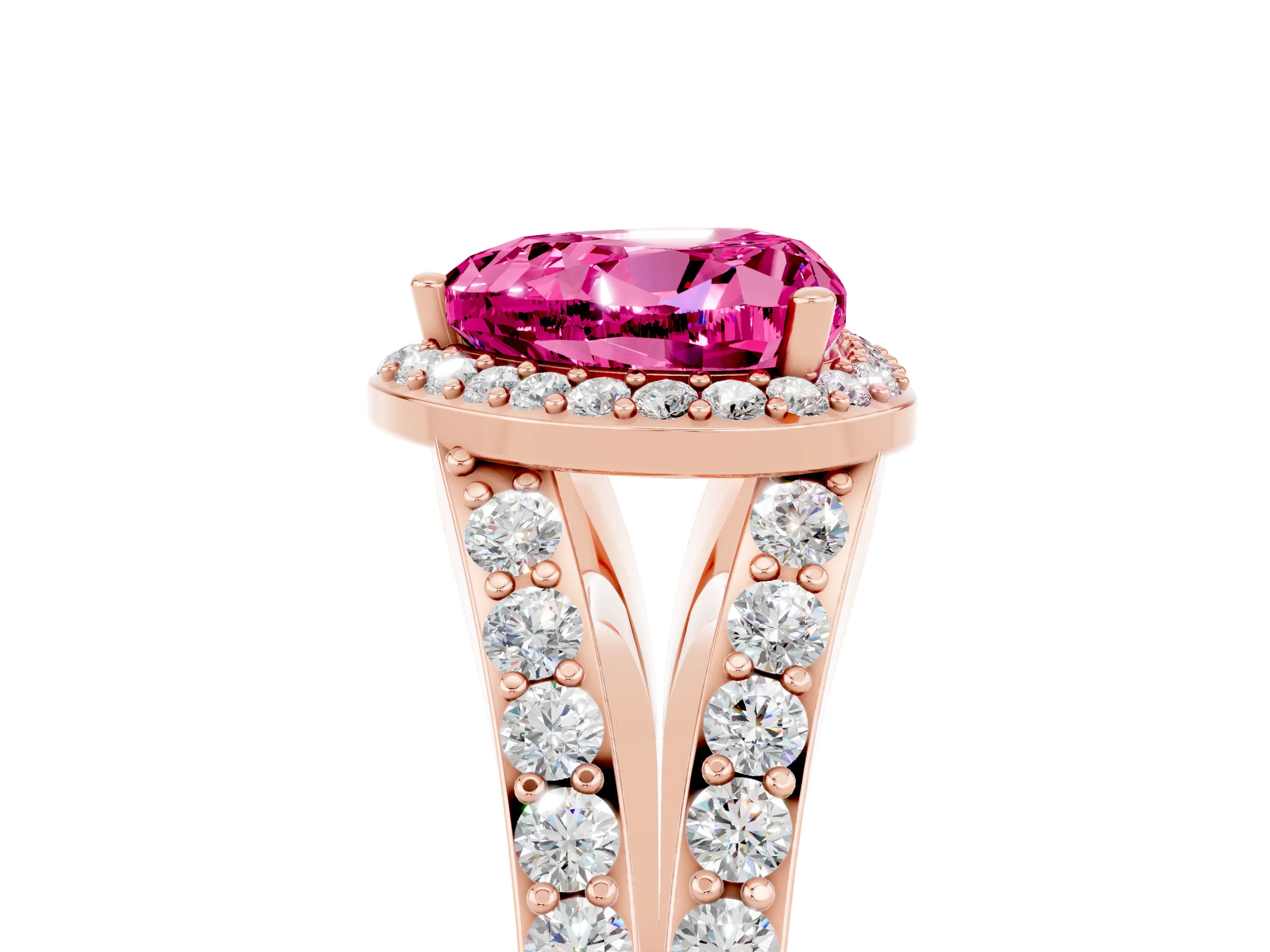Rose gold Heart Cut Pink Sapphire Split Shank Halo Ring with Four-Prong Setting_17
