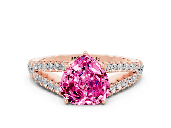 Rose gold Heart Cut Pink Sapphire Split Shank Pavé Engagement Ring with Four-Prong Setting