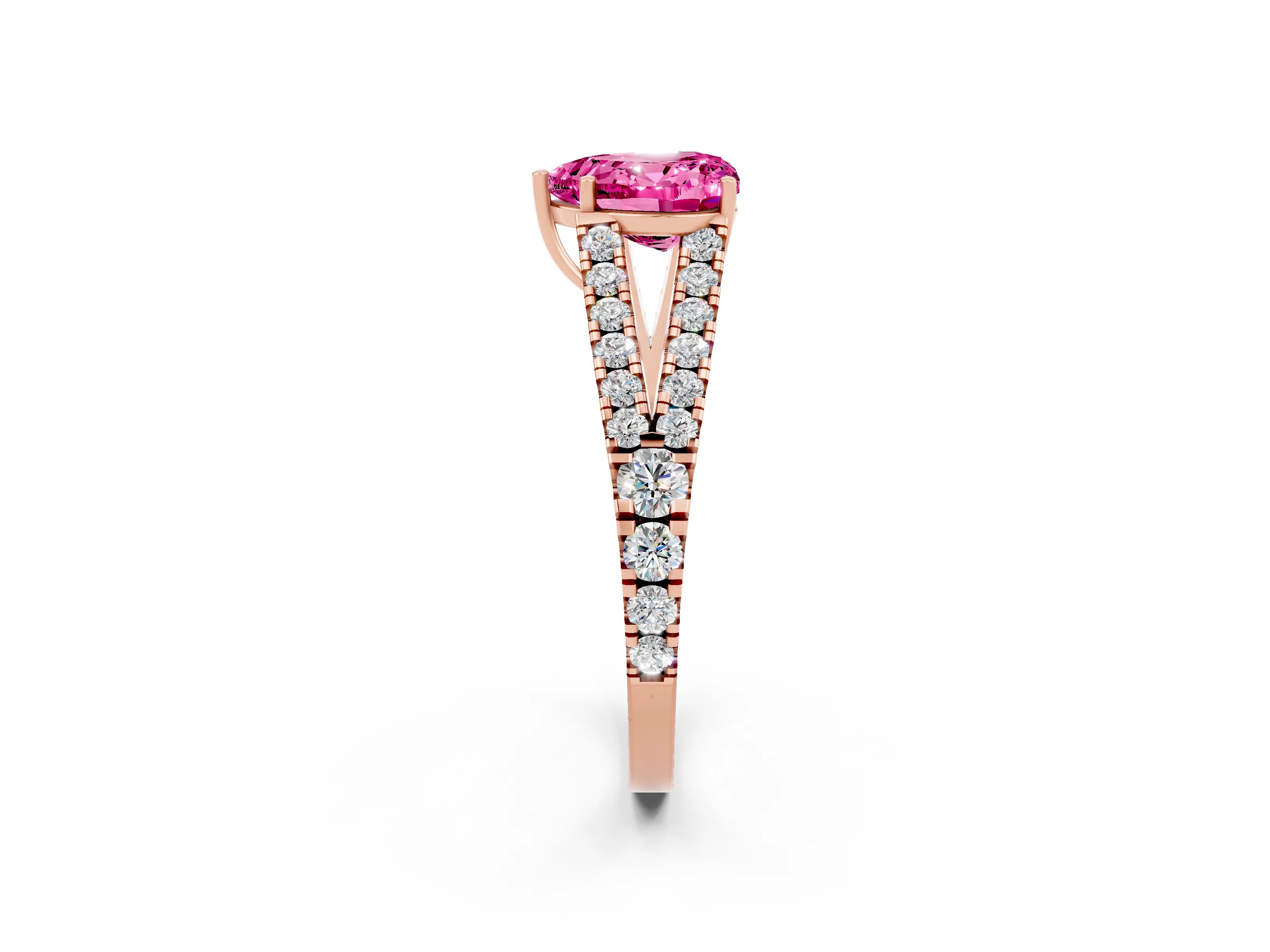 Rose gold Heart Cut Pink Sapphire Split Shank Pavé Engagement Ring with Four-Prong Setting_14